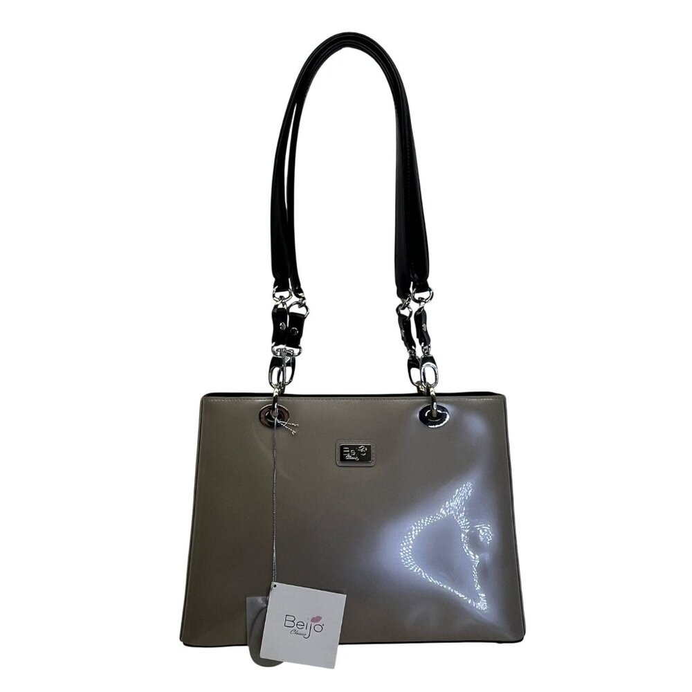 Beijo Classic Women’s Patent Gray With Black Straps & Silver Logo Tote Bag Sz L